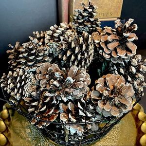 set of 45 white tipped wired pine cones